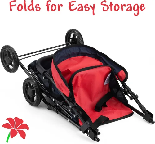 Miniatura 6 de Hushlily® Tandem - Cochecito de muñeca doble con toldo ajustable y cesta, plegable, con ruedas suaves (rojo y azul)