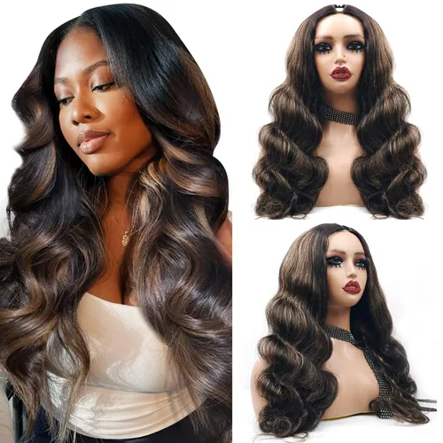 Miniatura 21 de Pelucas con camino en V ondulada de cabello humano virgen brasileño para mujeres negras; mejora de pelucas con camino en U, sin pegamento, con clip
