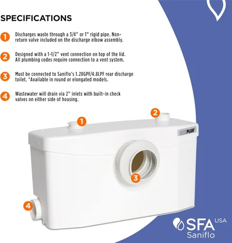 Miniatura 6 de SFA SANIFLO - Saniplus - Bomba de maceración - Aplicaciones para baño completo - Propósito dual - Acero inoxidable endurecido - 4 años de garantía
