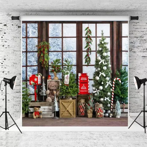 Miniatura 17 de Kate Telón de fondo de fotos de casa de campo de Navidad, fondo de puerta rosa, nieve blanca, árboles de Navidad, fondo de fotos, accesorios de 5