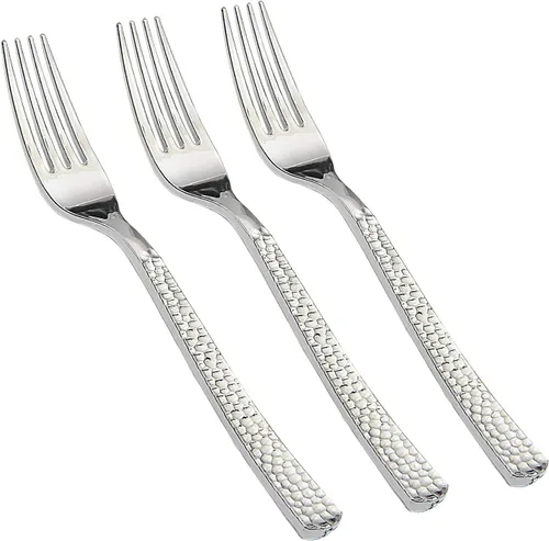 Miniatura 10 de Supernal 300 tenedores de plástico dorado, tenedores martillados desechables, cubiertos pesados de primera calidad pulidos, perfectos para fiestas