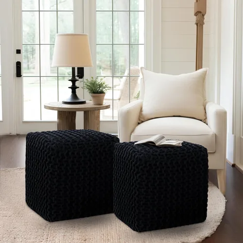 Miniatura 2 de COTTON CRAFT Puf Cubo Trenzado – Otomana de Cordón de Algodón Tejido a Mano Cable Dori – Taburete para Pies – Puf de Piso – Reposapiés – Asiento