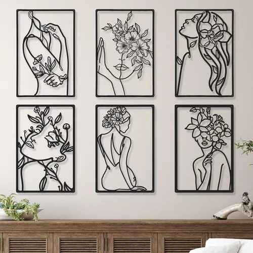 Cindeer 6 piezas de arte de pared de metal negro para dormitorio, arte abstracto de pared de mujer, silueta de mujer, decoración minimalista