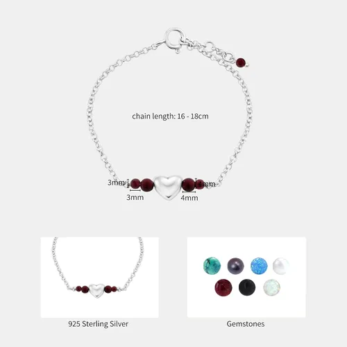 Miniatura 13 de 925 Sterling Silver Gemstone Bracelet - 3mm Gemstone Round Beads with Heart Silver Charm - 16-18cm Length - Gemstone Jewelry for Women - Perfect for