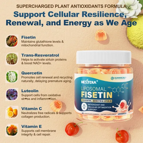Miniatura 5 de Fisetina liposomal de 200 mg y complejo de resveratrol 500 mg - Longevidad y apoyo a la renovación celular - 98% Fisetina de alta pureza