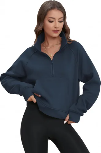 Miniatura 4 de ATHMILE Sudaderas para mujer, sudaderas cortas con capucha y media cremallera, forro polar, suéter con cremallera de un cuarto, suéter de moda