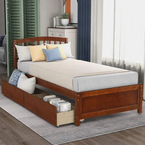 Miniatura 17 de Marco de cama moderno de madera maciza con cajones, plataforma de cama con soporte de listones de madera, no necesita somier, tamaño individual