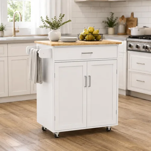 Miniatura 9 de RASOO Carrito de cocina con almacenamiento, pequeño carrito de isla estrecho blanco sobre ruedas, armario de almacenamiento superior de madera