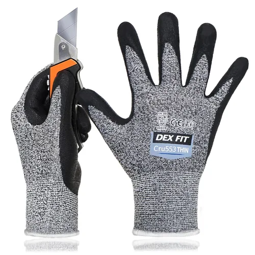 DEX FIT Guantes Cru553 resistentes a cortes extremos Level 5 delgados, con agarre de potencia antideslizante, ajuste cómodo 3D de grado profesional,