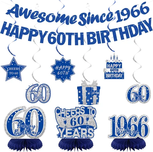 Crenics Decoraciones azules de 60 cumpleaños para hombres o mujeres – Cartel de feliz cumpleaños 60, pancarta impresionante desde 1966, centros de