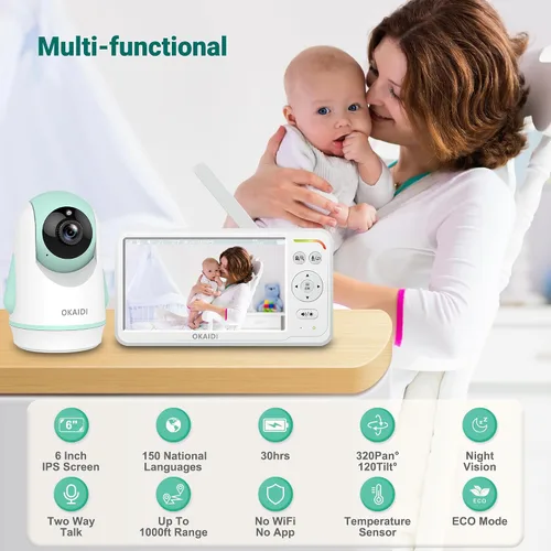 Miniatura 8 de OKAIDI Monitor de bebé con cámara y audio, pantalla IPS de 6 pulgadas con batería de 30 horas, rango de 1000 pies, visión nocturna, monitor de bebé