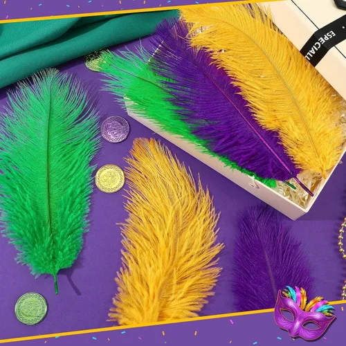 Miniatura 3 de MARFOREVER Plumas de Mardi Gras para manualidades y centros de mesa, paquete de 24, 10-12 pulgadas, plumas naturales verdes doradas y moradas