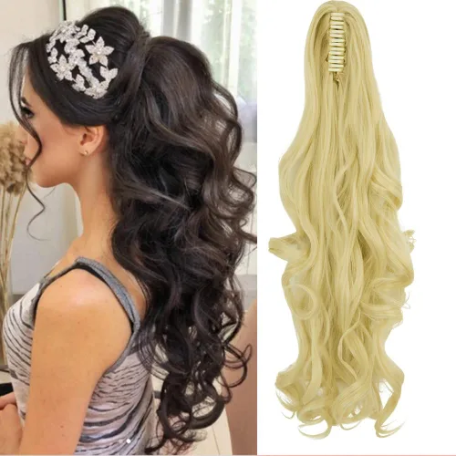 OMGREAT Extensiones de cola de caballo largas con clip, extensiones sintéticas gruesas de 24 pulgadas para mujer, con garra de mandíbula, rubio