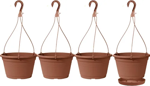 4 Piezas Macetas Colgantes para Plantas de Interior, 10" Macetas Grandes de Plástico Colgantes con Bandejas de Drenaje y Soporte de Cadena para