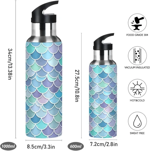 Miniatura 2 de BPA-Free Sports Water Bottle with Straw 32 Oz, Stainless Steel Vacuum Insulated Water Bottle for Gym Outdoor Travel School, Watercolor Mermaid