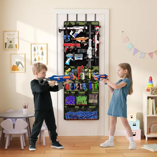 Miniatura 2 de Organizador sobre la puerta para pistolas de juguete, organizador de almacenamiento de pistolas de juguete con bolsillos y ranuras para niños, Verde