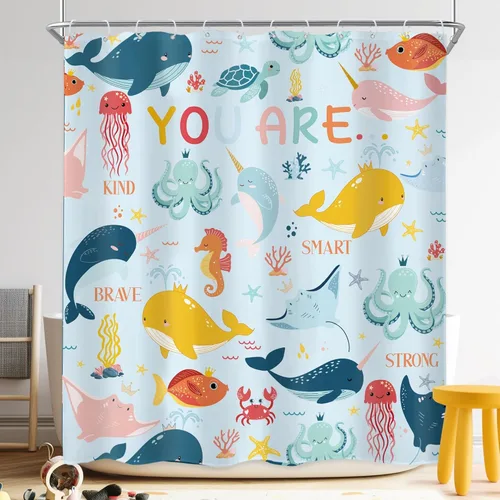 Miniatura 11 de Riyidecor Ocean - Cortina de ducha para niños, 60 pulgadas de ancho x 72 pulgadas de alto, diseño de ballena, dibujos animados, animales, delfín