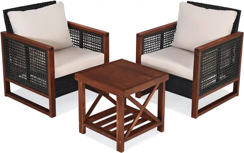 HAPPYGRILL Juego de muebles de patio al aire libre de 3 piezas, sillas de mimbre con mesa auxiliar, balcón, porche, muebles de bistró con marco de