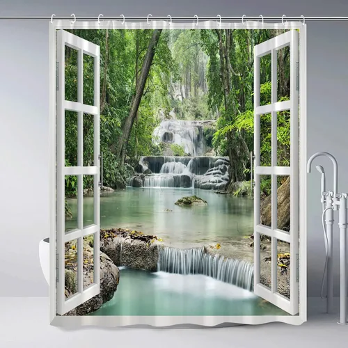 Miniatura 2 de Cortina de ducha con diseño de cascada de bosque, primavera, naturaleza, paisaje, verde, tropical, selva, selva, río, piedra, paisaje, juego