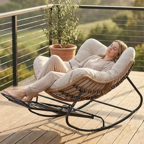 SWITTE Outdoor Papasan Rocking Chair with Footrest, Oversized Patio Egg Chair with Thick Cushion, Indoor Wicker Lounge Rocker Bed for Balcony,