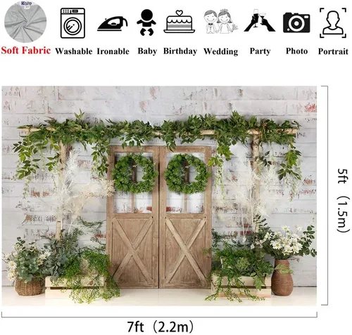 Miniatura 2 de Kate Pared de ladrillo pintado blanco rústico para puerta de madera, fondos de fotografía de 7 x 5 pies, césped verde primavera y flores, fondos