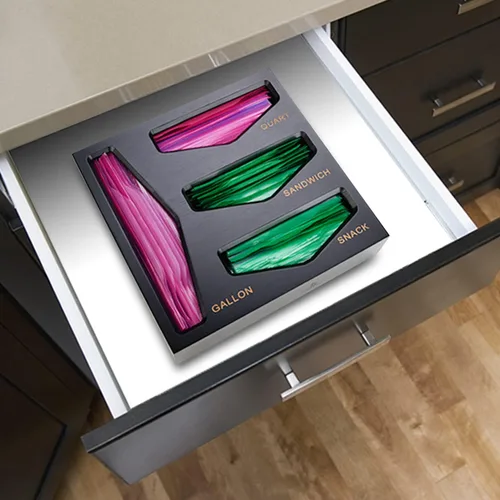 Miniatura 2 de Organizador de almacenamiento de bolsas de bambú para cajón de cocina, organizador de bolsas, compatible con bolsas de varios tamaños de galón, Negro