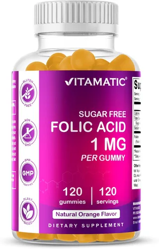 Vitamatic Gomitas de ácido fólico 1000 mcg (1 mg) - una vitamina prenatal esencial para mamá y bebé - Vitamina B9 - 120 gomitas veganas (1)