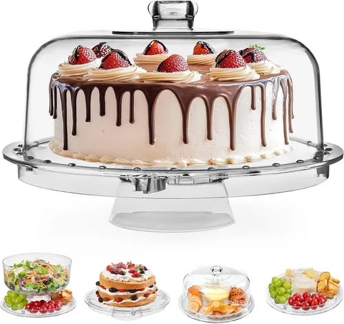Miniatura 10 de HBlife Soporte para pasteles con tapa (16.5 pulgadas), soporte multifuncional para pasteles con cúpula acrílica, soporte rectangular de bambú 2 en 1