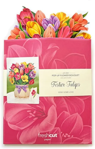Miniatura 8 de Freshcut Paper Tarjetas Pop Up, Tulipanes Festivos, Ramo de Flores Eternas de Tamaño Real de 12 Pulgadas, Tarjeta de Felicitación Emergente 3D