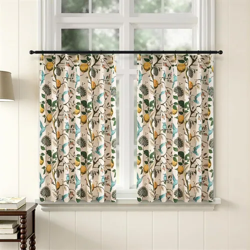 Cortinas beige para cocina, 36 pulgadas de largo, diseño floral botánico de limón y colibrí, cortinas plisadas para oscurecer la habitación, para