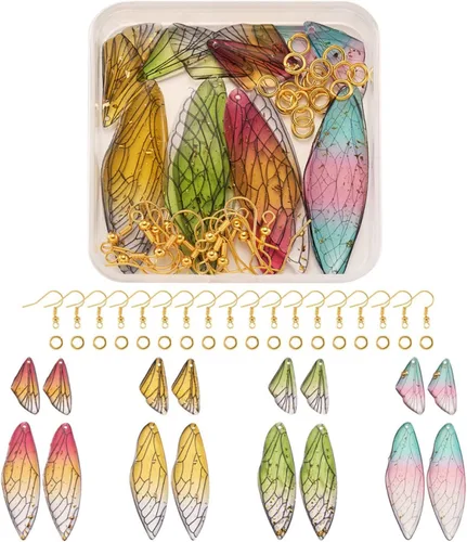 Miniatura 18 de FASHEWELRY 16 aretes de resina con alas de libélula y arco iris, mariposa, colgantes, alas de hada, coloridos dijes con ganchos para aretes, anillos