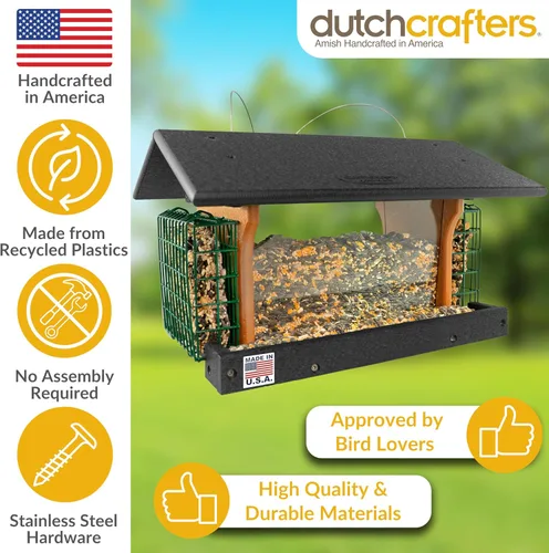 Miniatura 3 de DutchCrafters Comedero colgante de polietileno para pájaros con dos jaulas de soporte para tartas de sebo; alimentador de pájaros duradero