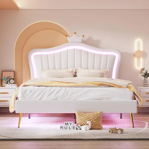 Miniatura 16 de SOFTSEA Cama de tamaño Queen con luz LED, plataforma de terciopelo con cabecero copetudo para niños, adolescentes y adultos, cama de plataforma