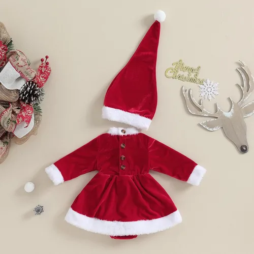 Miniatura 3 de Mameluco de Navidad para bebé recién nacida, vestido de terciopelo rojo, 2 piezas, ropa de Navidad para bebé
