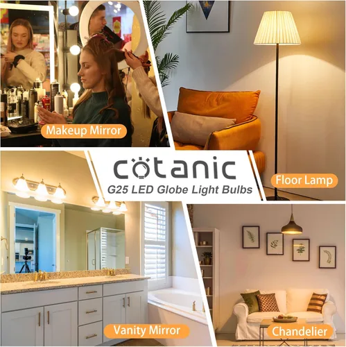 Miniatura 6 de Cotanic Bombilla LED G25 para tocador de baño, 3000 K, color blanco suave, bombillas de globo, base estándar E26, 5 W, reemplazo incandescente