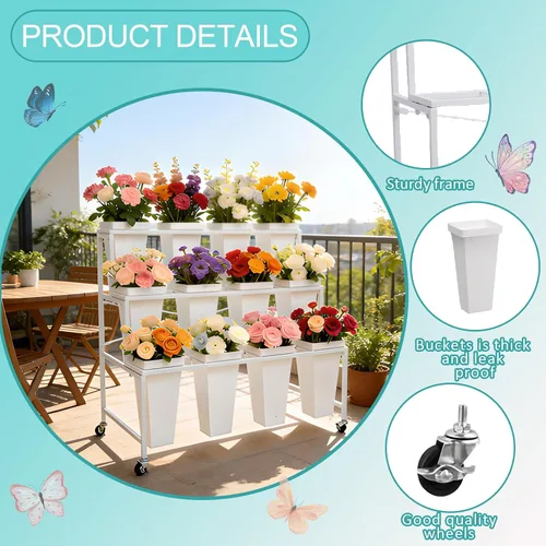 Miniatura 4 de Soporte de exhibición de flores de 3 niveles, soporte móvil de metal para plantas con 12 cubos, carrito de flores con ruedas, adecuado