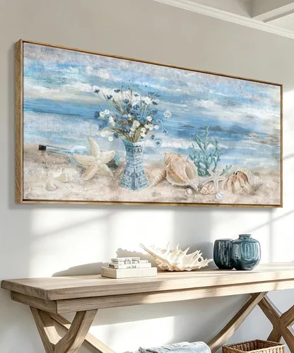 Miniatura 10 de Arte de pared para decoración de baño, imagen de playa azul, tema oceánico, impresión en lienzo de flores, pintura moderna de paisaje marino