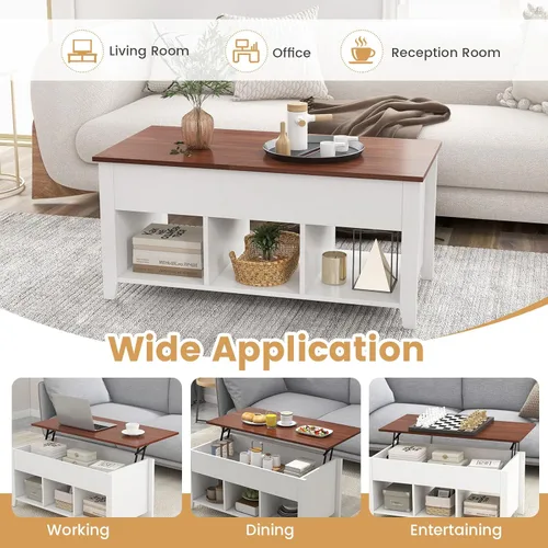 Miniatura 5 de Mesa auxiliar elevable, mesa de té moderna 2 en 1 con compartimento de almacenamiento oculto y 3 estantes de almacenamiento abiertos, mesa central