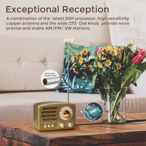 Miniatura 4 de Radio PRUNUS J-160 Retro Vintage AM FM con Bluetooth, Regalos para Papá y Mamá, Reproducción USB/Tarjeta TF, Pequeñas Radios Transistores Operadas