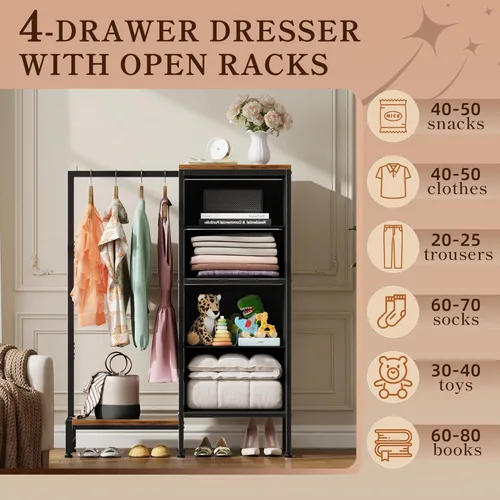 Miniatura 4 de HIGDBFE Cómoda con estante para colgar, armario pequeño de 4 cajones para dormitorio, cómoda de tela reversible para niños con perchero, torre