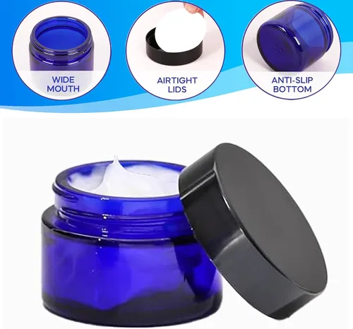 Miniatura 3 de Paquete de 24 tarros cosméticos redondos de vidrio azul de 1 onza con revestimientos interiores y tapas negras, tarros de vidrio de viaje