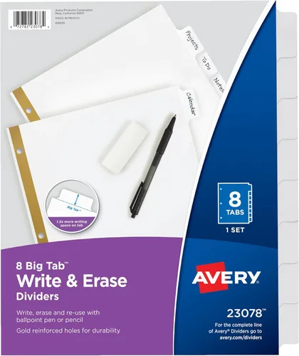 Avery - Separadores de carpeta con 8 pestañas, pestañas grandes blancas para escribir y borrar, 1 juego (23078)
