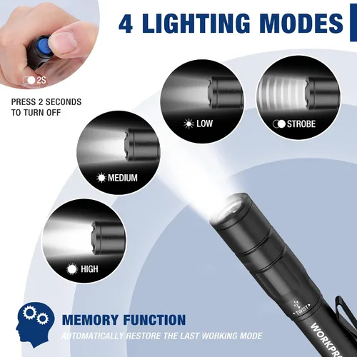 Miniatura 4 de WORKPRO Luz recargable para bolígrafo, mini linterna, paquete de 2 linternas EDC ultracompactas, linterna de bolsillo con clip, función de memoria