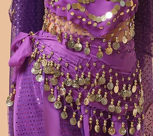 Miniatura 4 de WAYDA Bufanda de cadera para Danza del Vientre, bufanda de danza del vientre para mujer, con 128 monedas color Oro, faldas para danza del vientre