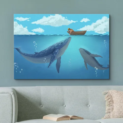 Miniatura 2 de Estilo de Dibujo a Mano Niño Místico en el Barco en el Océano con Ballenas Azules, Galería 16x24 pulgadas Ballena - 02