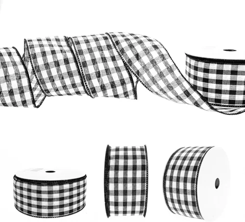 Miniatura 2 de Cinta de cuadros de 2-1/2" x 25 yardas, cinta a cuadros de búfalo con alambre, en blanco y negro, para envolver regalos, manualidades y decoraciones