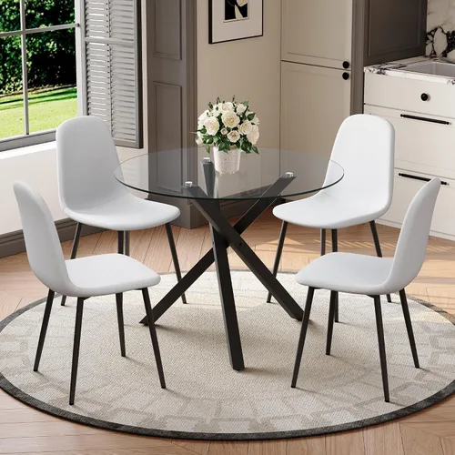 Miniatura 14 de Juego de mesa de comedor redonda para 6, juego de mesa de comedor de vidrio de 39 pulgadas con base de metal ajustable dorada en forma de X y 6
