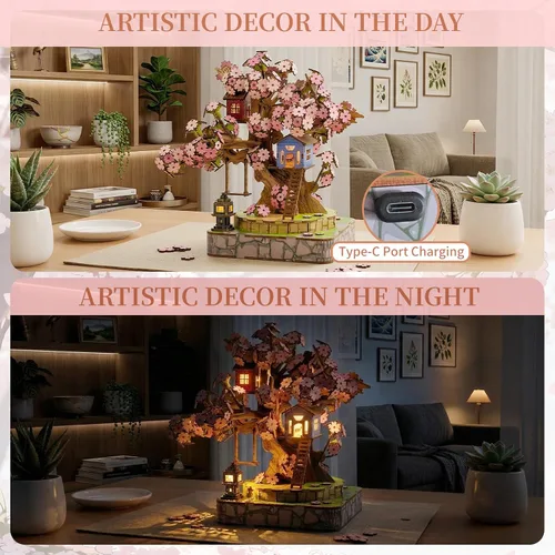 Miniatura 2 de Sakura Tree House Kit de casa en miniatura para adultos, rompecabezas de madera 3D con luz, juego de construcción de flor de cerezo japonés