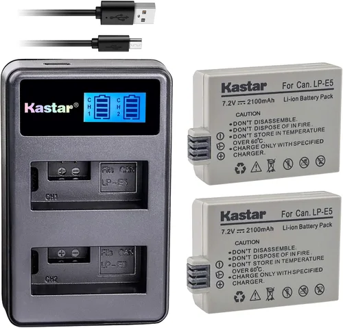 Kastar Batería (X2) y cargador delgado LCD de repuesto para LP-E5 LPE5 y EOS Rebel XS, Rebel T1i, Rebel XSi, 1000D, 500D, 450D, Kiss X3, Kiss X2,
