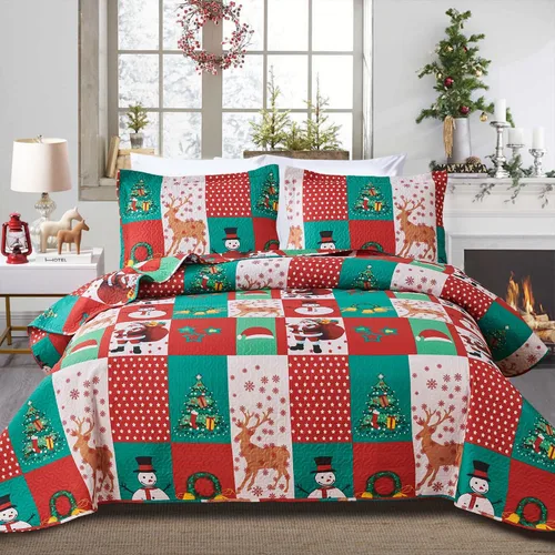 Juego de colcha de Navidad de Smuge, tamaño king - Reversible, con diseño de alce, muñeco de nieve, árbol de Navidad, pequeña campana, rojo, verde,
